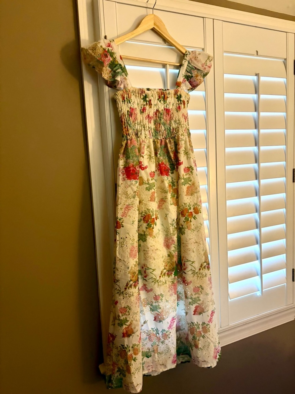 Floral Smocked Maxi Dress - Cream with Multicolor Floral Print